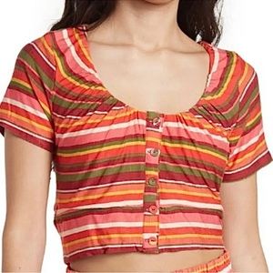 BCBG vibrant horizontal stripes shirred scoop neck crop soft jersey knit